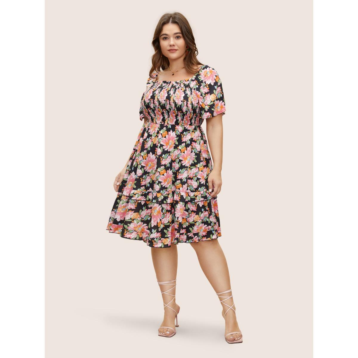 Plus Size Floral Shirred Ruffles Patchwork Pleated Dress Black Women Elegant Non Square Neck Short sleeve Curvy Midi Dress BloomChic 10/M Product Image