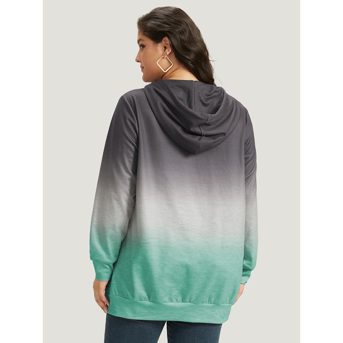 Plus Size Ombre Pocket Drawstring Hooded Sweatshirt Women Gray Casual Elastic cuffs Hooded Everyday Sweatshirts BloomChic 10/M Product Image
