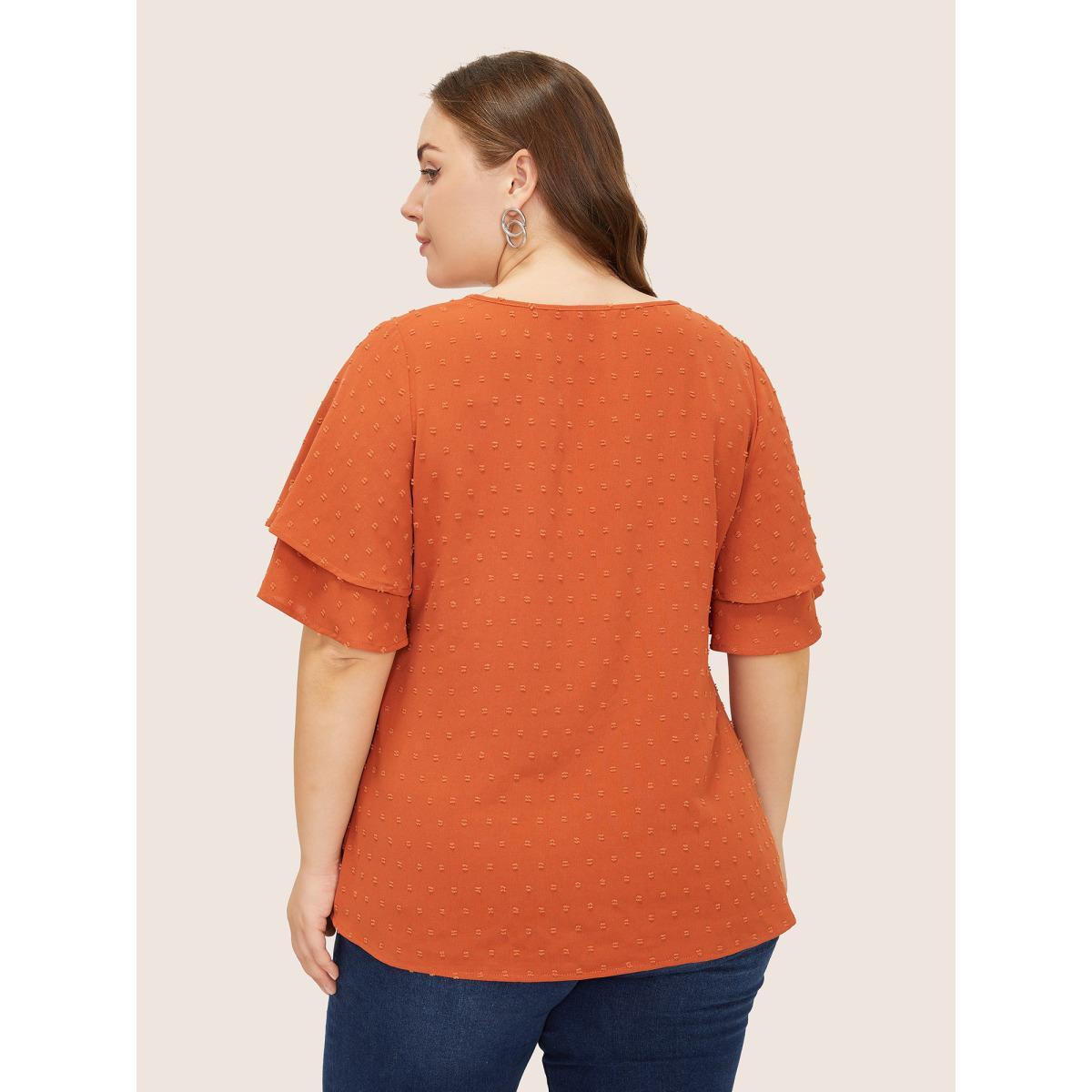 Plus Size Orange Plain Ruffle Tiered Sleeve V Neck Polka Dot Blouse Women Elegant Short sleeve V-neck Everyday Blouses BloomChic 22-24/3X Product Image