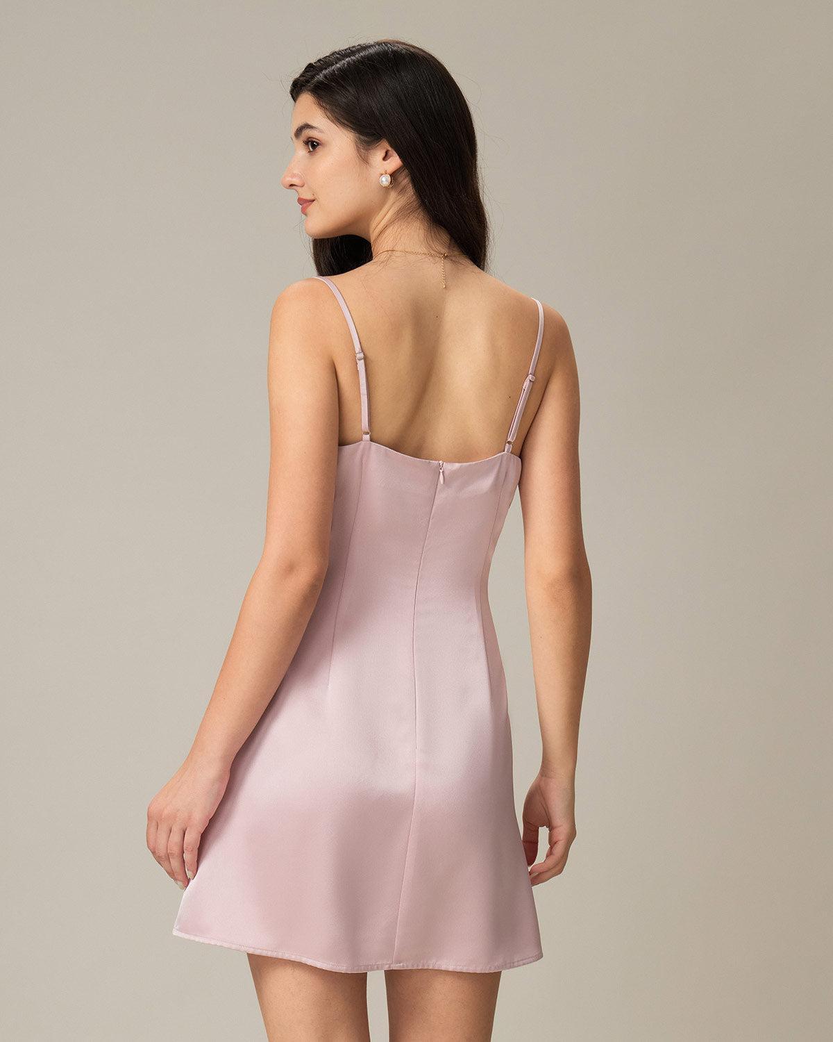 Pink Square Neck Satin Mini Dress Product Image