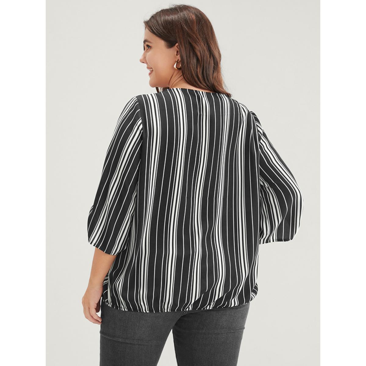 Plus Size Black Striped Button Cuffed Sleeve Wrap Blouse Women Vacation Short sleeve V-neck Dailywear Blouses BloomChic 12/L Product Image