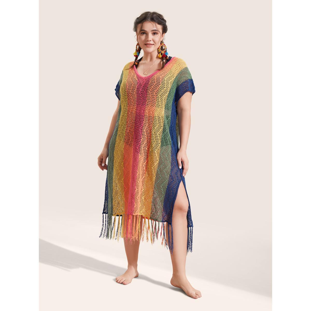 Plus Size Colored Colorblock Tassel Trim Slit Hem Swim Cover Up Women's Swimwear Multicolor Beach Loose Texture Curve Swim Cover Ups BloomChic 10/M Product Image