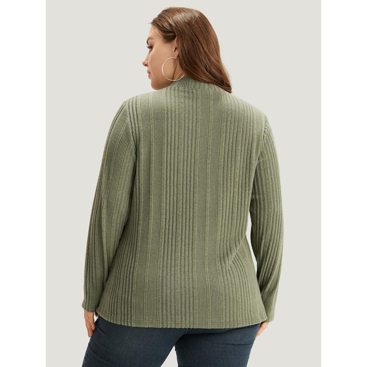 Plus Size Plain Rib Knit Half Zip T-shirt Green Women Casual Texture Plain Open Front Dailywear T-shirts BloomChic 14-16/1X Product Image