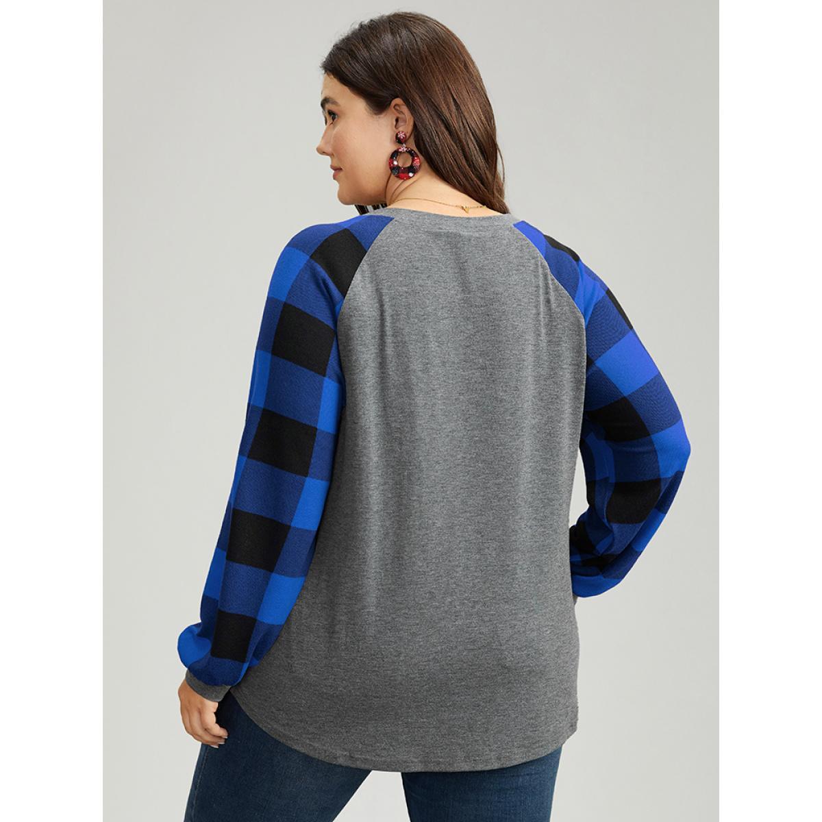 Plus Size Plaid Christmas Trees Round Neck T-shirt Blue Women Casual Contrast Christmas Festival-Christmas T-shirts BloomChic 12/L Product Image