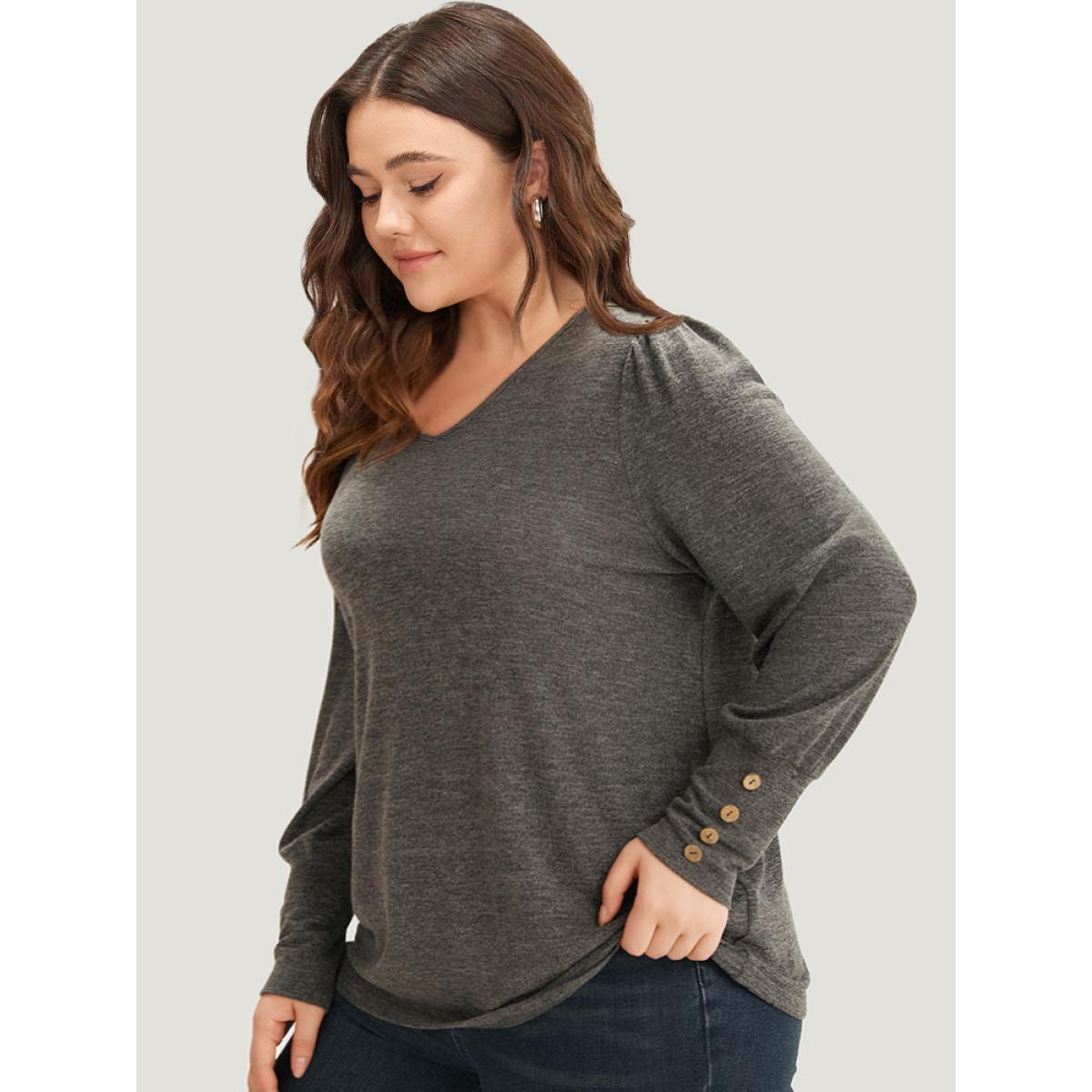 Plus Size Plain Heather Elastic Cuffs Button Detail T-shirt Gray Women Casual Elastic cuffs Plain V-neck Dailywear T-shirts BloomChic 10/M Product Image