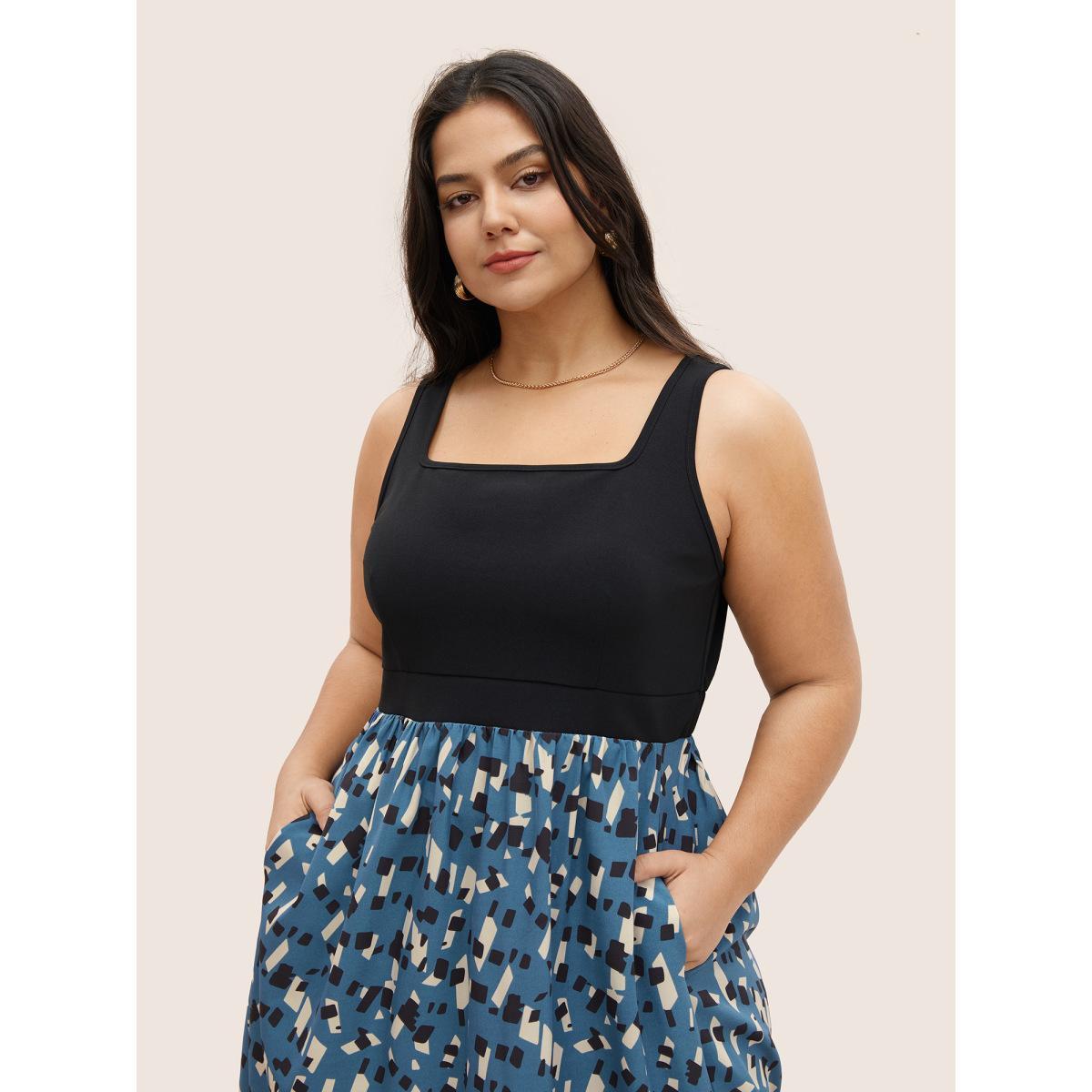 Plus Size Geometric Patchwork Square Neck Pocket Dress Blue Women At the Office Patchwork Square Neck Sleeveless Curvy Midi Dress BloomChic 10/M Product Image