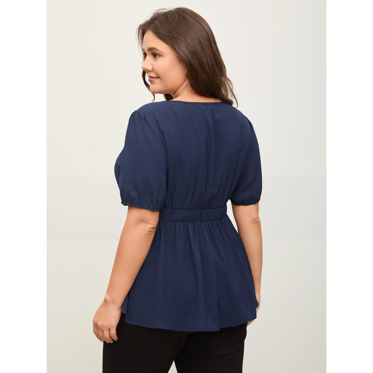 Plus Size Indigo Lace Plicated Detail Cinched Flared Blouse Women Short sleeve V-neck Work Blouses BloomChic 14-16/1X Product Image