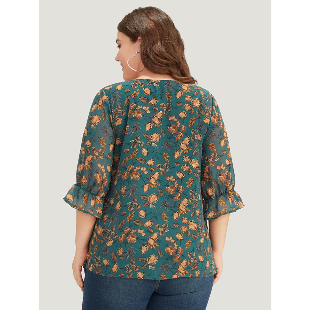 Plus Size Cyan Floral Print Square Neck Layered Ruffle Trim Blouse Women Office Half Sleeve Square Neck Dailywear Blouses BloomChic 10/M Product Image
