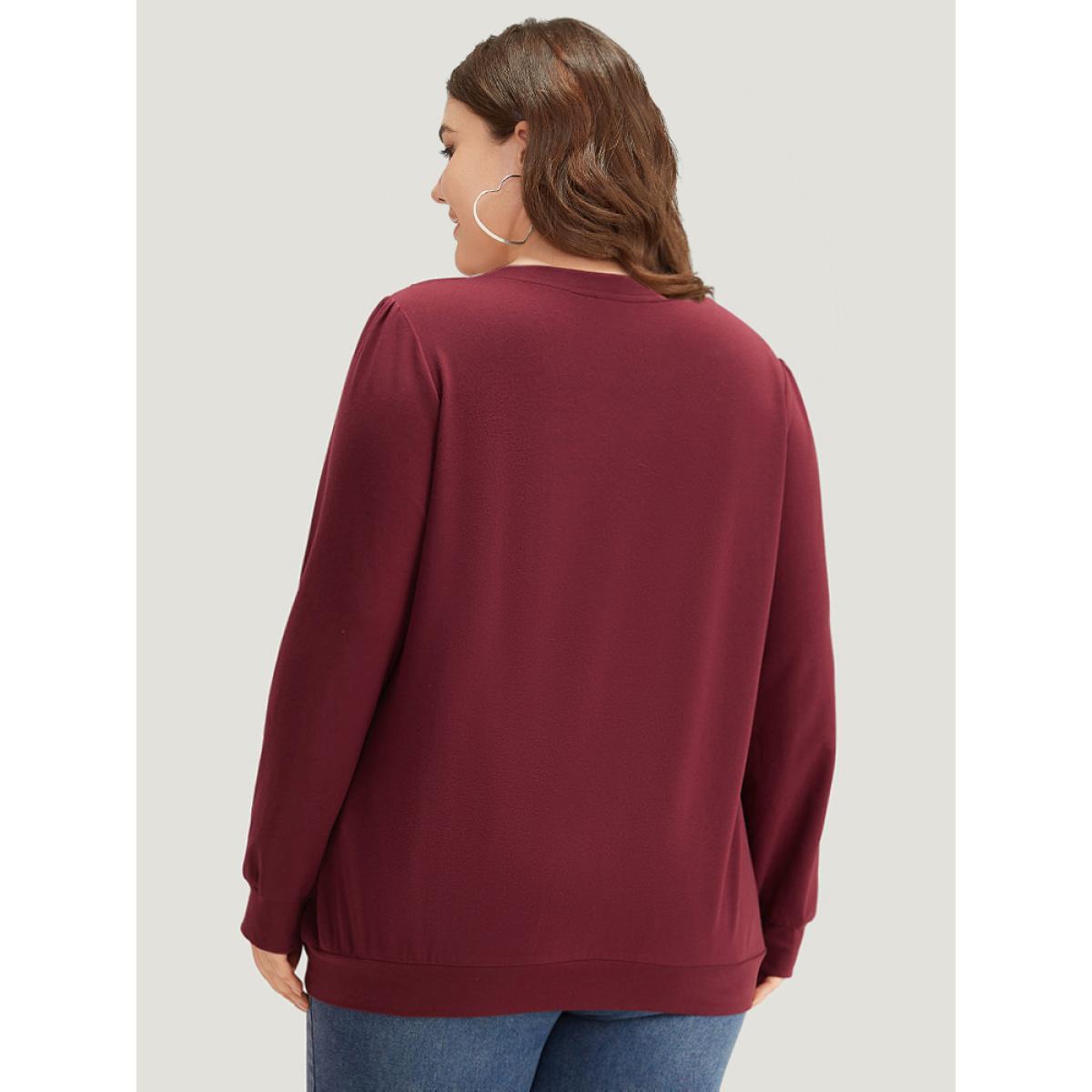 Plus Size Plain Eyelet Lace Crew Neck Sweatshirt Women Burgundy Elegant Elastic cuffs Round Neck Dailywear Sweatshirts BloomChic 14-16/1X Product Image