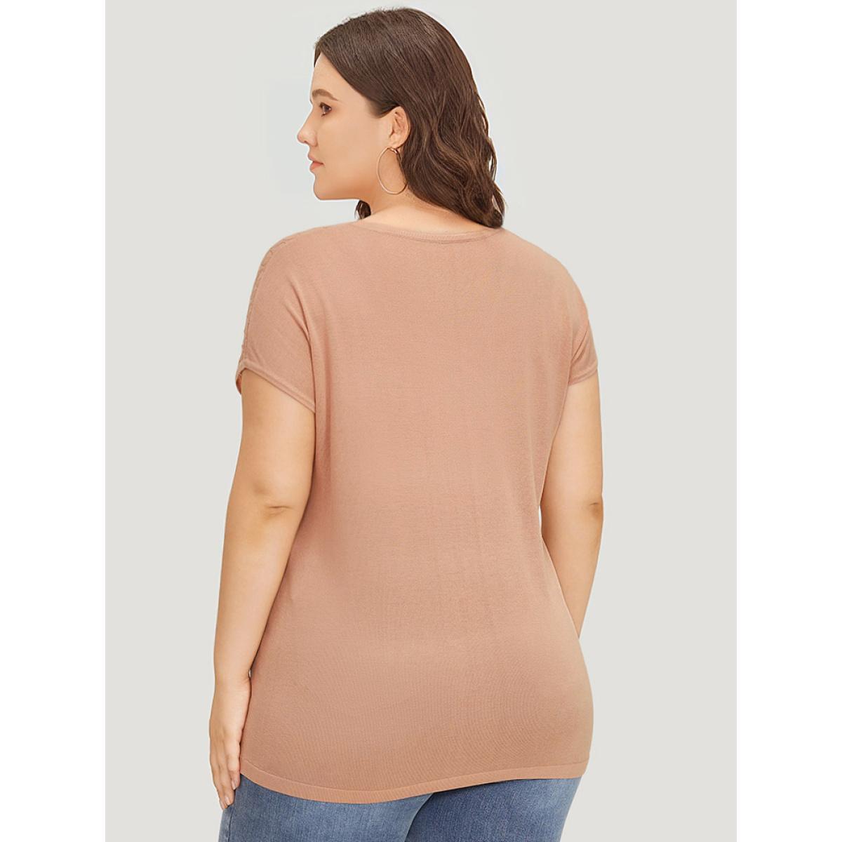 Plus Size Supersoft Essentials Plain Patchwork Batwing Sleeve Scoop Neck Pullover Salmon Women Casual Loose Short sleeve Scoop Neck Dailywear Pullovers BloomChic 12/L Product Image