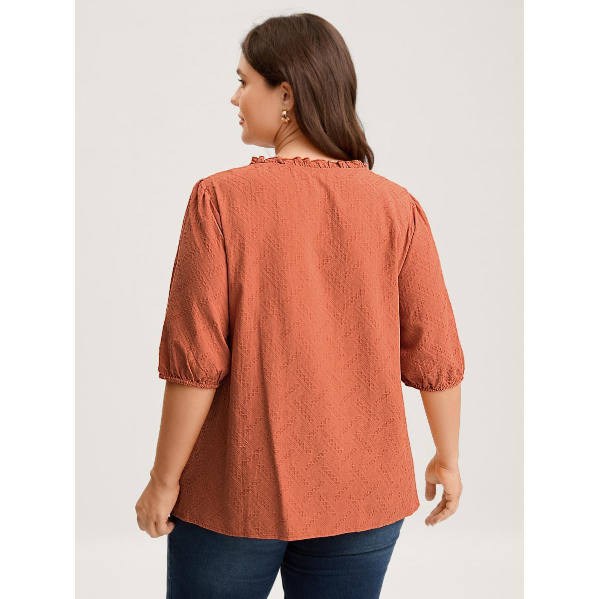 Plus Size Brightorange Pure Cotton Textured Tassel Blouse Women Elbow-length sleeve V-neck Everyday-Elegant Blouses BloomChic 14-16/1X Product Image