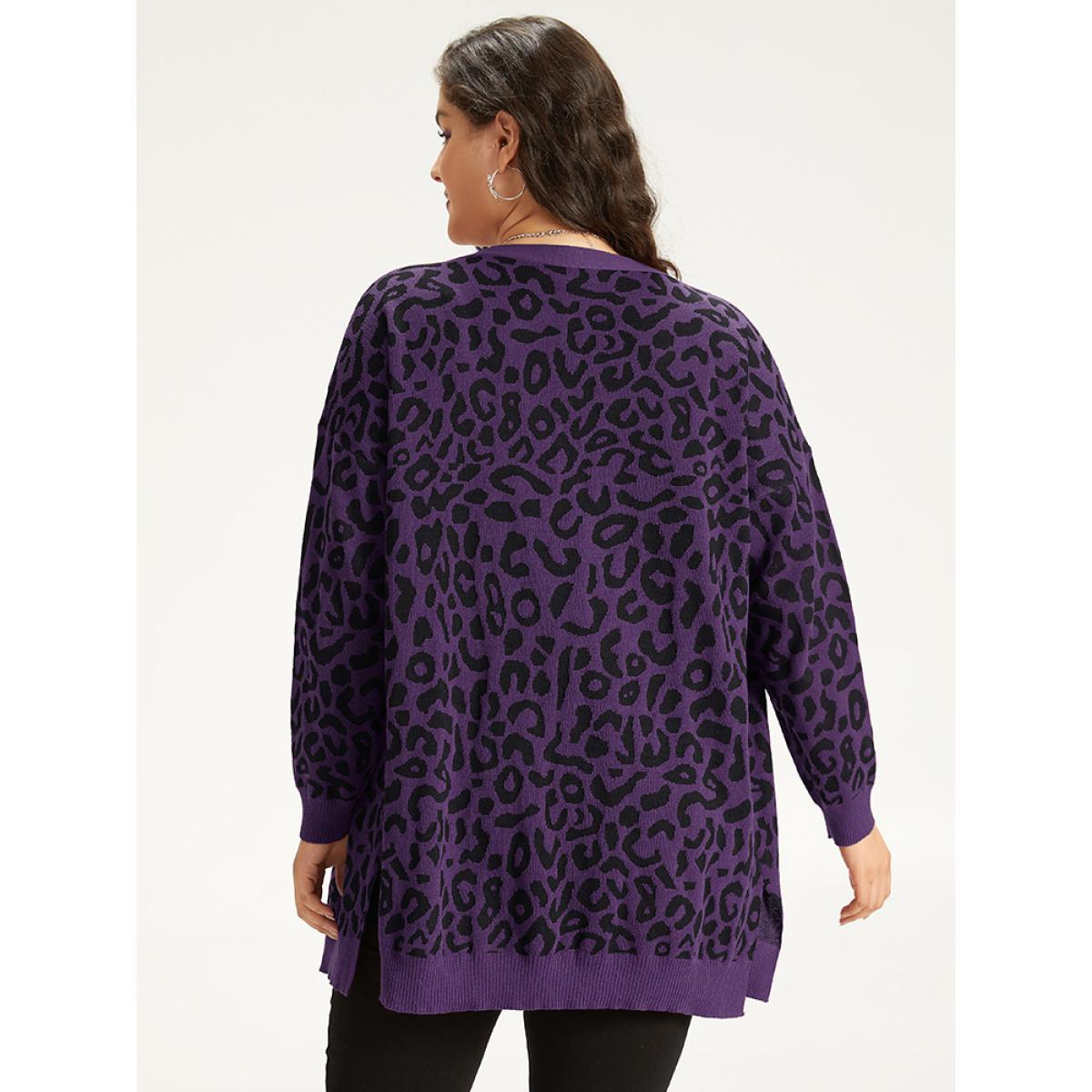 Plus Size Halloween Leopard Print Patched Pocket Split Side Cardigan Purple Women Casual Loose Long Sleeve Festival-Halloween Cardigans BloomChic 22-24/3X Product Image
