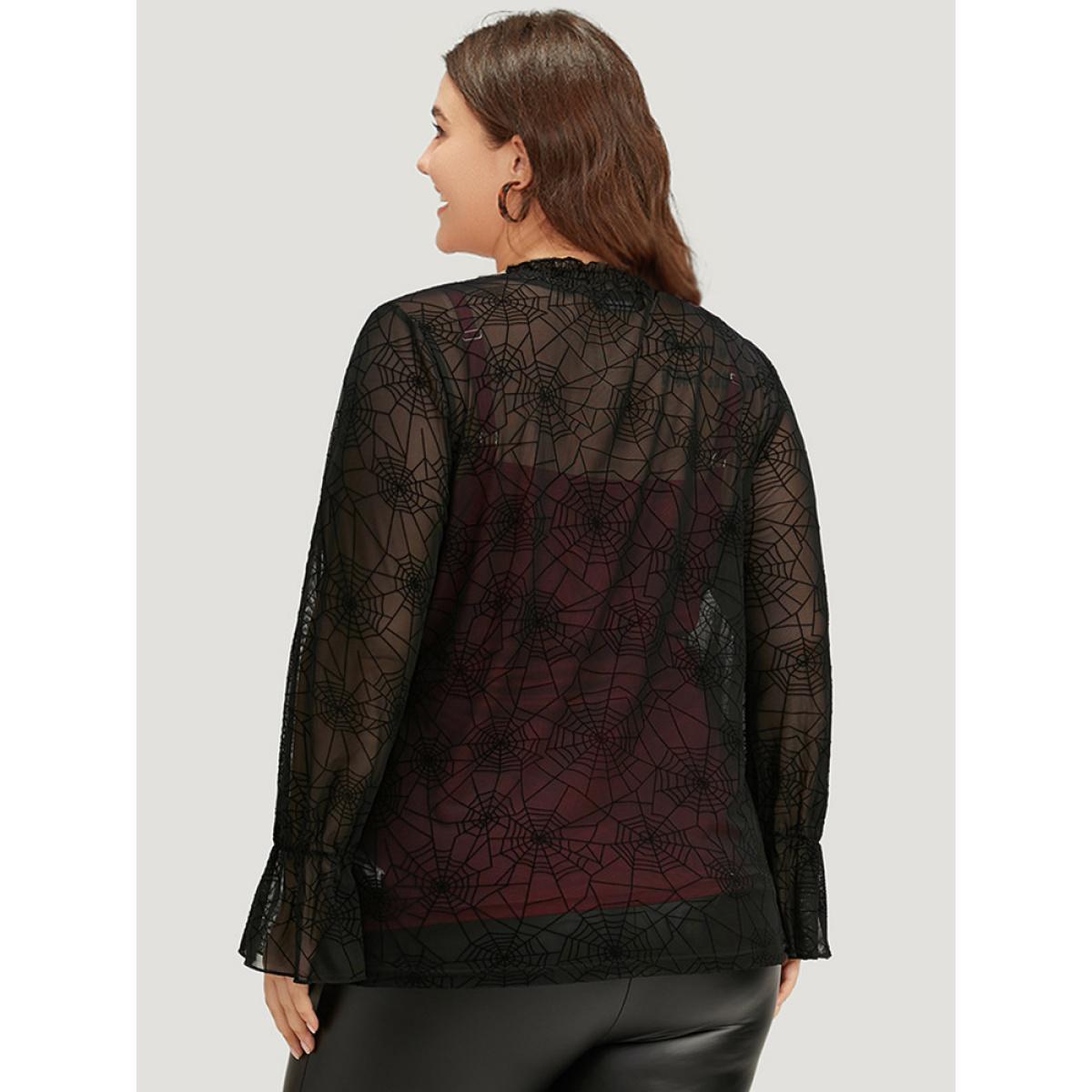 Plus Size Black Halloween Spider Web Mesh Bell Sleeve Blouse Women Elegant Long Sleeve Halter neck Festival-Halloween Blouses BloomChic 22-24/3X Product Image