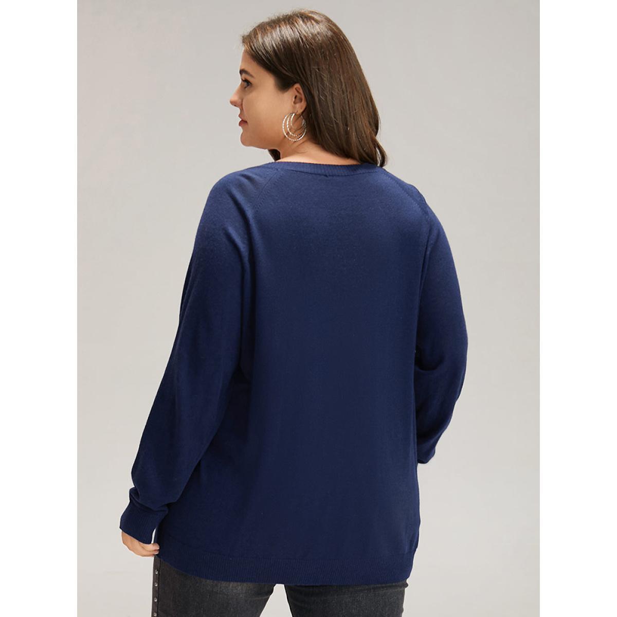 Plus Size Supersoft Essentials Floral Embroidered Pullover Indigo Women Casual Loose Long Sleeve V-neck Dailywear Pullovers BloomChic 30/6X Product Image