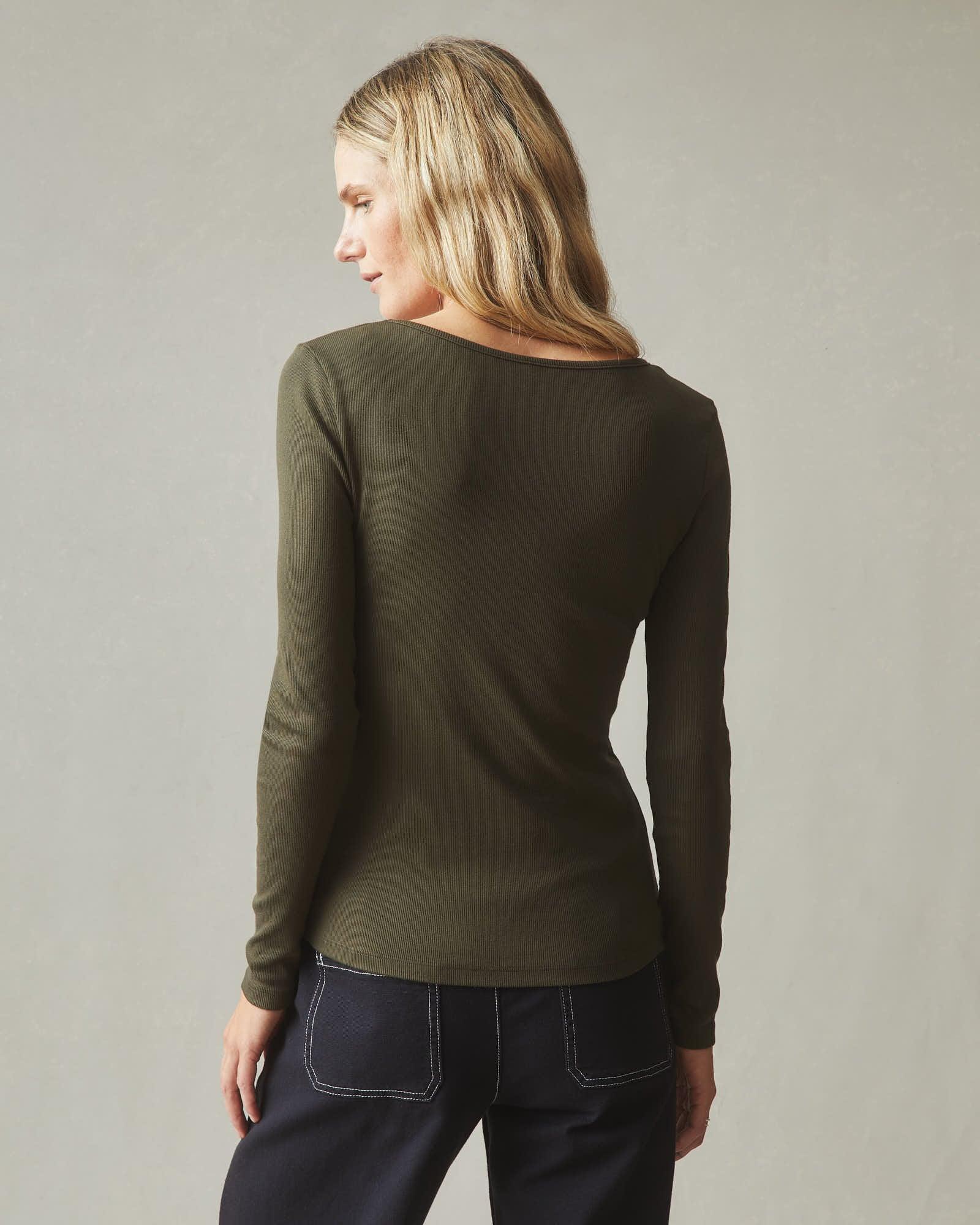 Women's Stretch Rib Square Neck Long Sleeve - Deep Olive Female Product Image