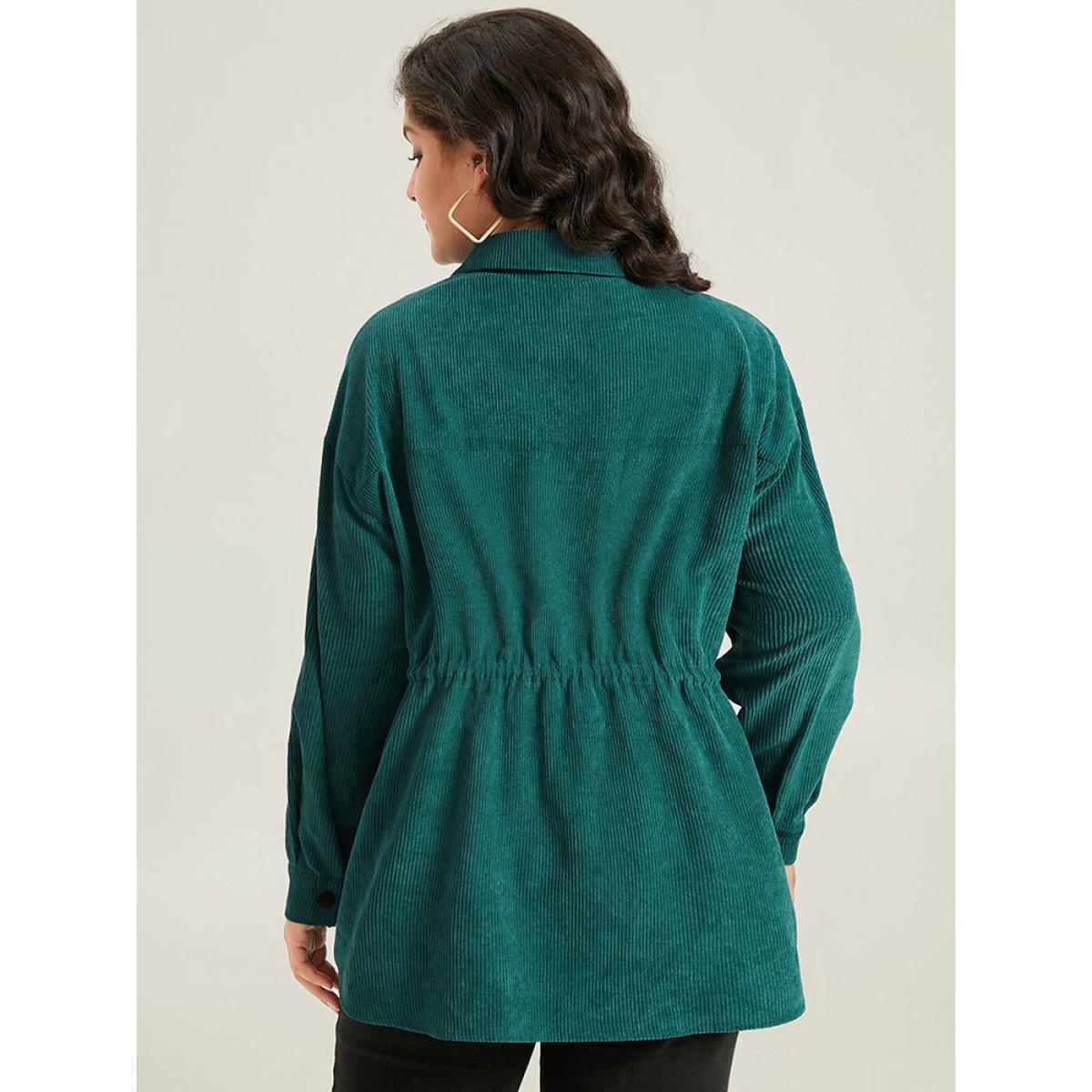 Plus Size Plain Corduroy Pocket Button Up Drawstring Gathered Coat Women Cyan Casual Plain Ladies Dailywear Winter Coats BloomChic 22-24/3X Product Image