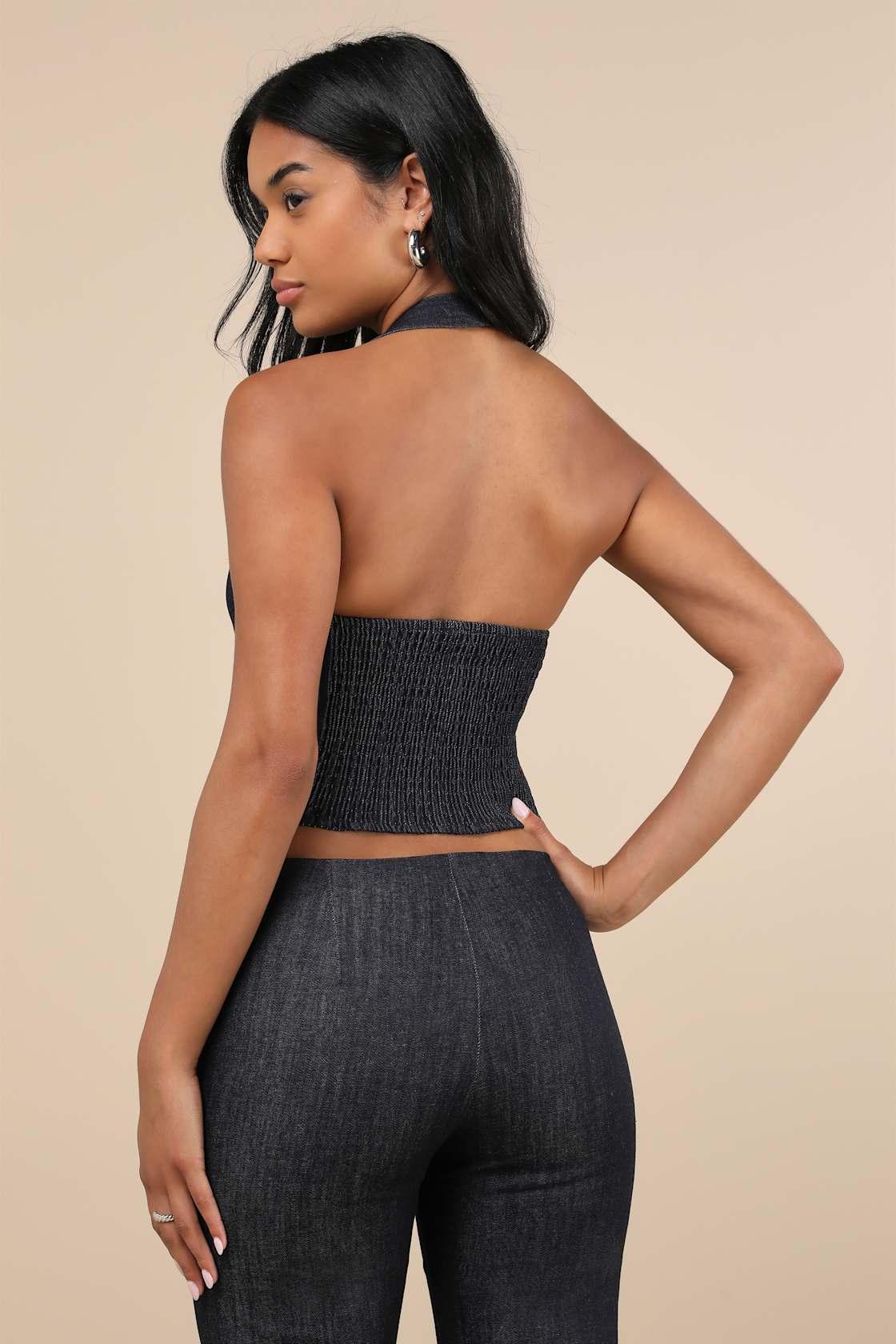 Nasya Dark Blue Chambray Cropped Halter Top Product Image
