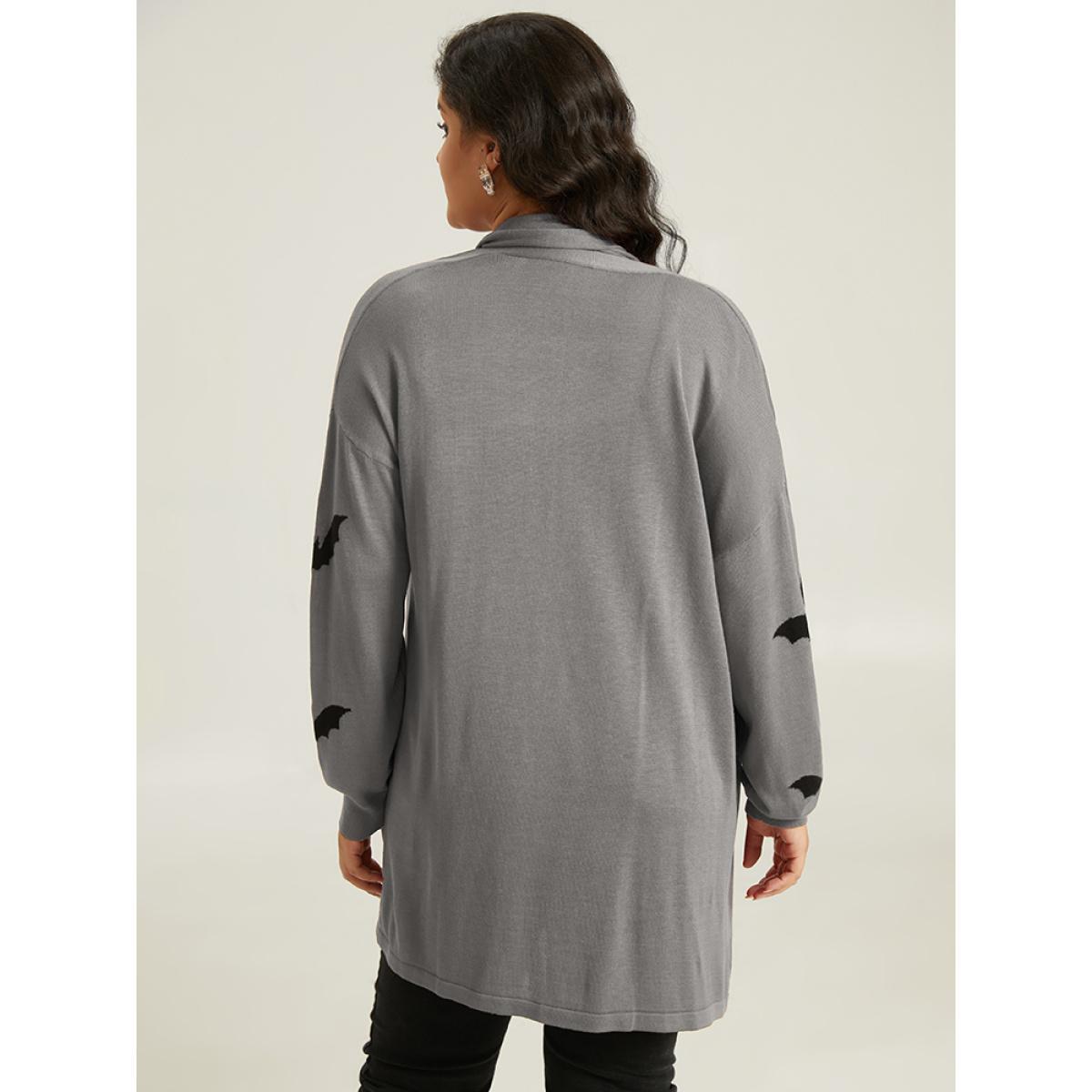 Plus Size Supersoft Essentials Halloween Bat Pattern Lapel Collar Cardigan DarkGray Women Casual Loose Long Sleeve Festival-Halloween Cardigans BloomChic 18-20/2X Product Image