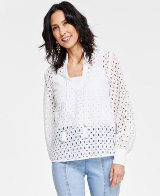 I.n.c. International Concepts Womens Cotton Tie-Neck Eyelet Blouse, Created for Macys Product Image