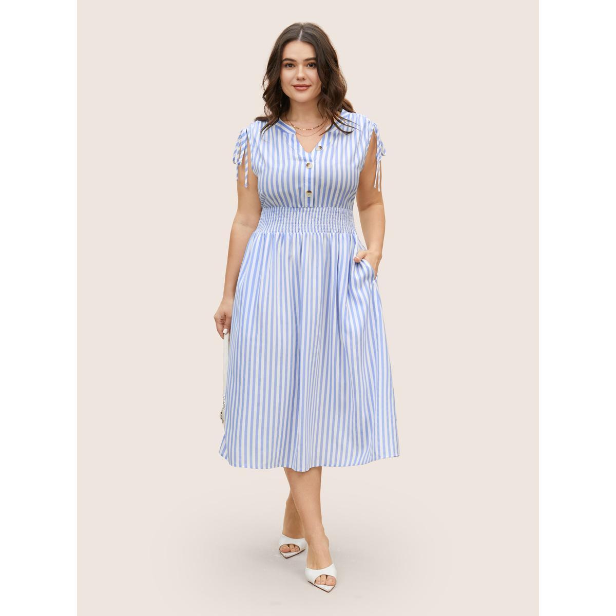 Plus Size Striped Drawstring Shirred Dolman Sleeve Dress Skyblue Women Work From Home Drawstring Flat collar with V-notch Sleeveless Curvy BloomChic 14-16/1X Product Image