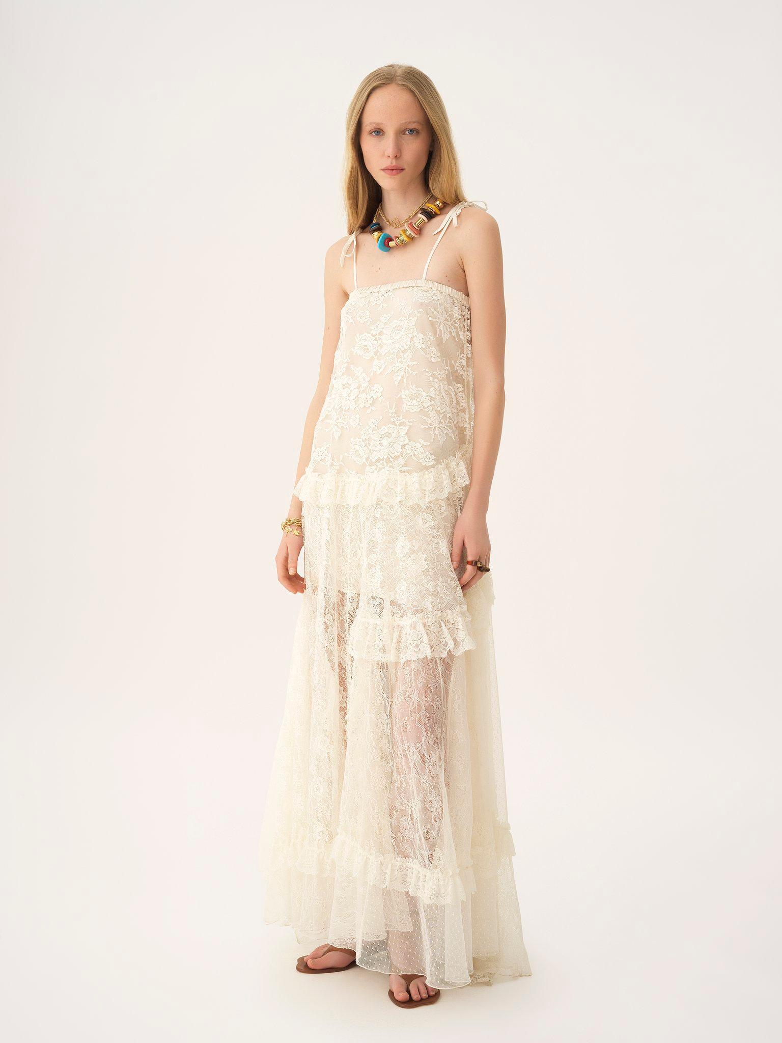 Thin-strap long dress in embroidered lace Product Image