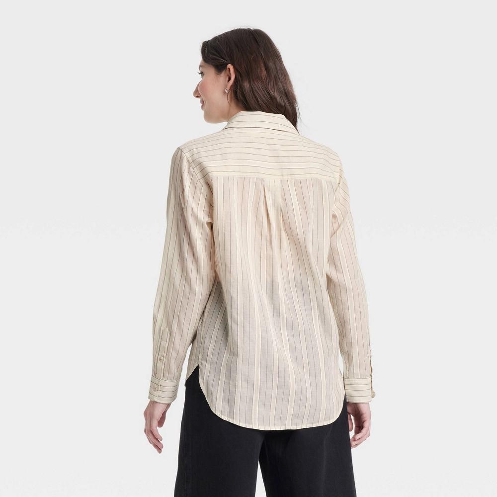 Womens Long Sleeve Collared Button-Down Shirt - Universal Thread Black/Cream Striped M: Relaxed Fit, Front Pocket Product Image