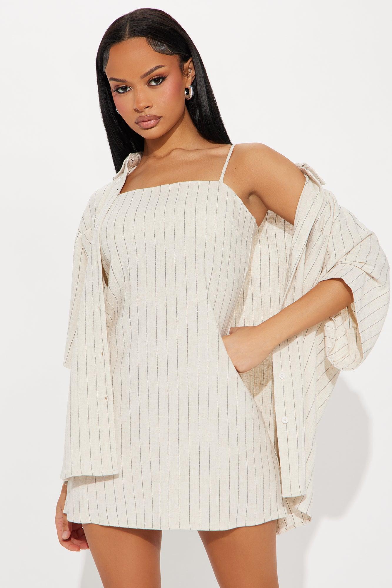 Newport Beach Linen Pinstripe Mini Dress Set - Oatmeal Product Image
