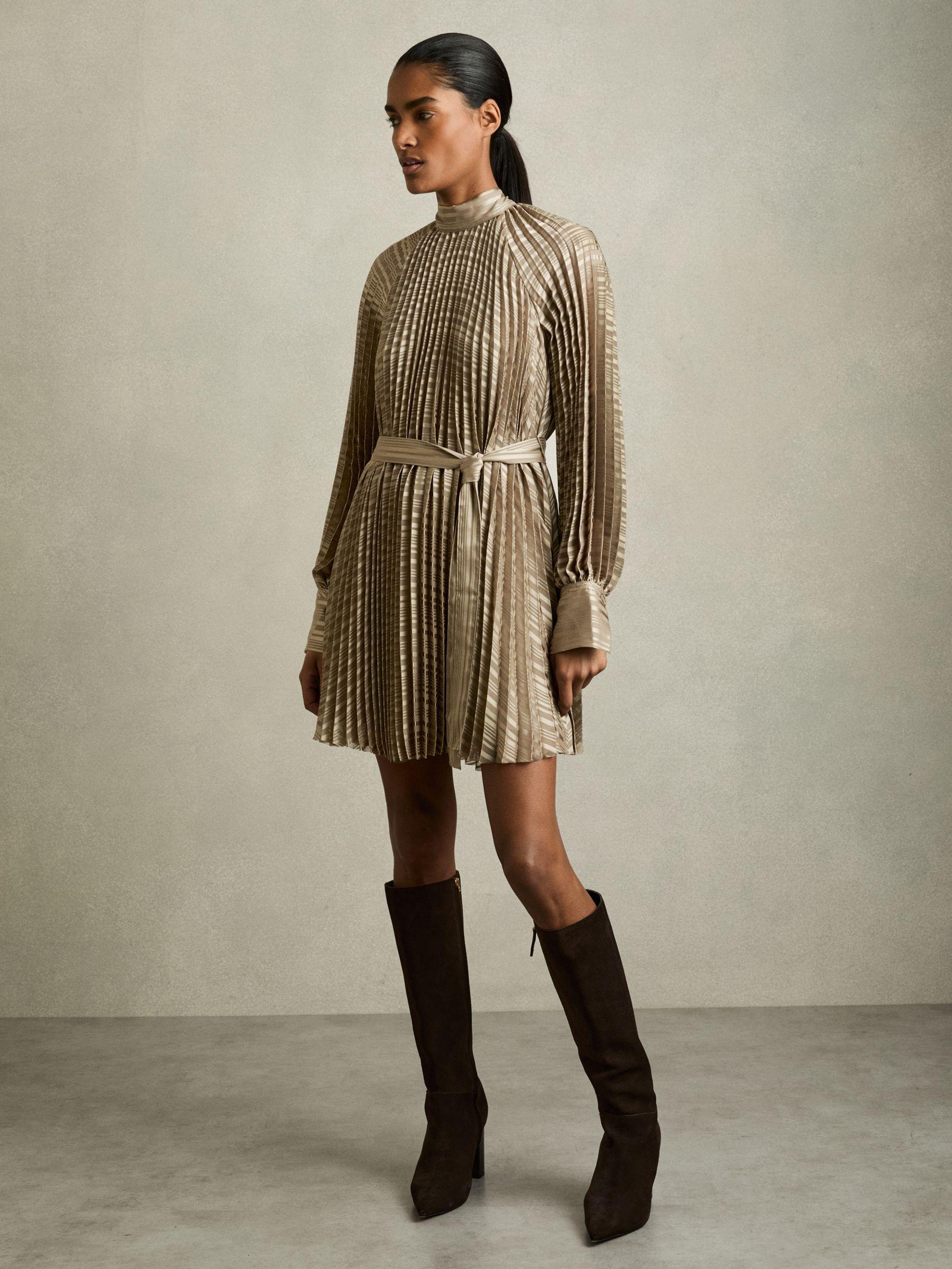 Pleated Belted Mini Dress in Sage Product Image