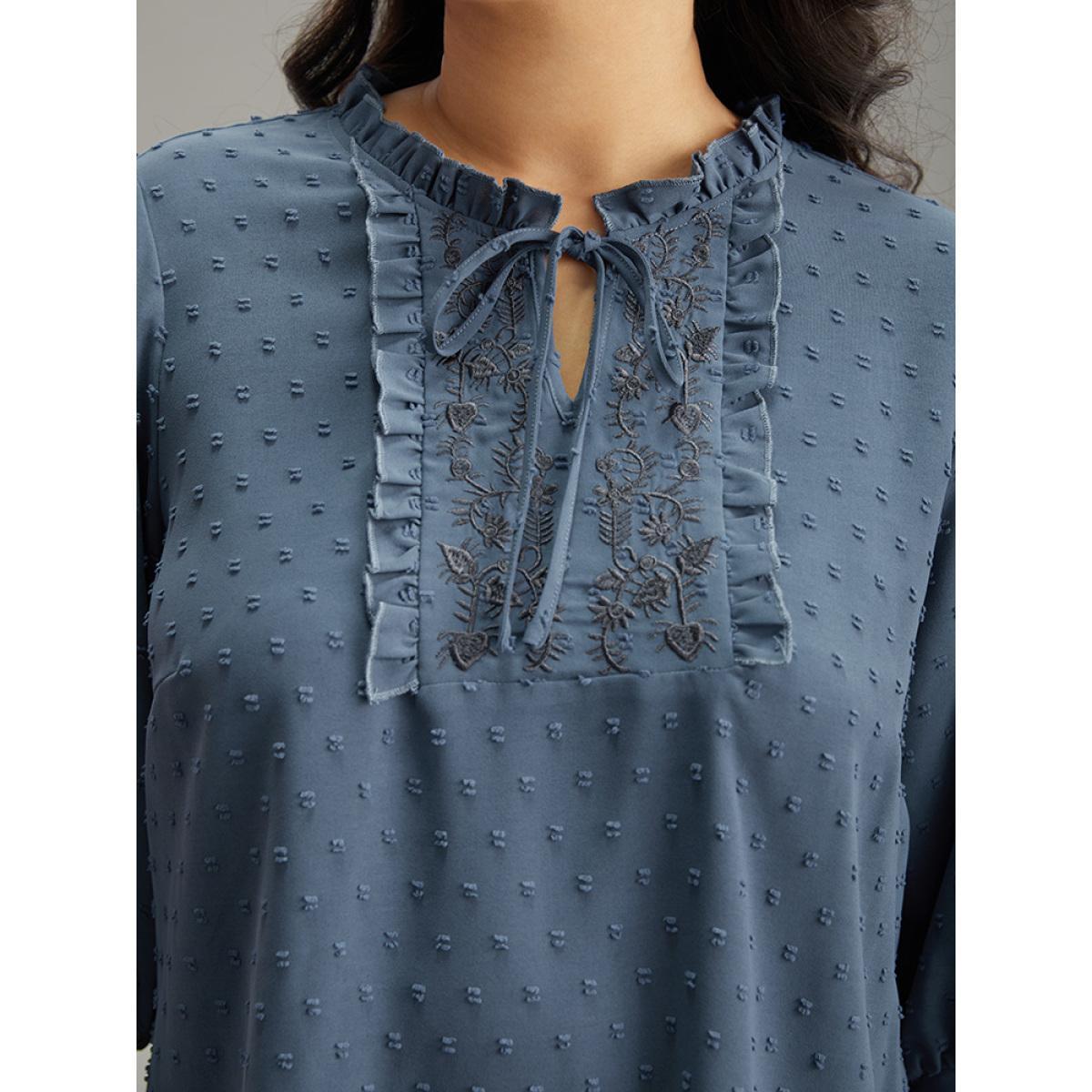 Plus Size Stone Textured Embroidered Frill Trim Tie Neck Blouse Women Vacation Long Sleeve Tie Neck Dailywear Blouses BloomChic 18-20/2X Product Image