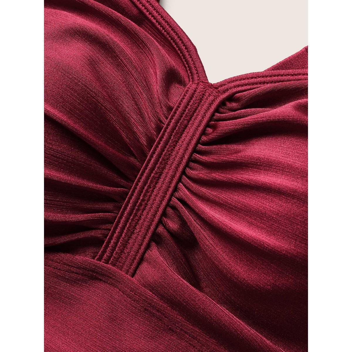 Plus Size Ruched Skinny Drawstring Heart Neckline One Piece Swimsuit Women's Swimwear Burgundy Beach Gathered Curve Bathing Suits High stretch One Pieces BloomChic 26/4X Product Image