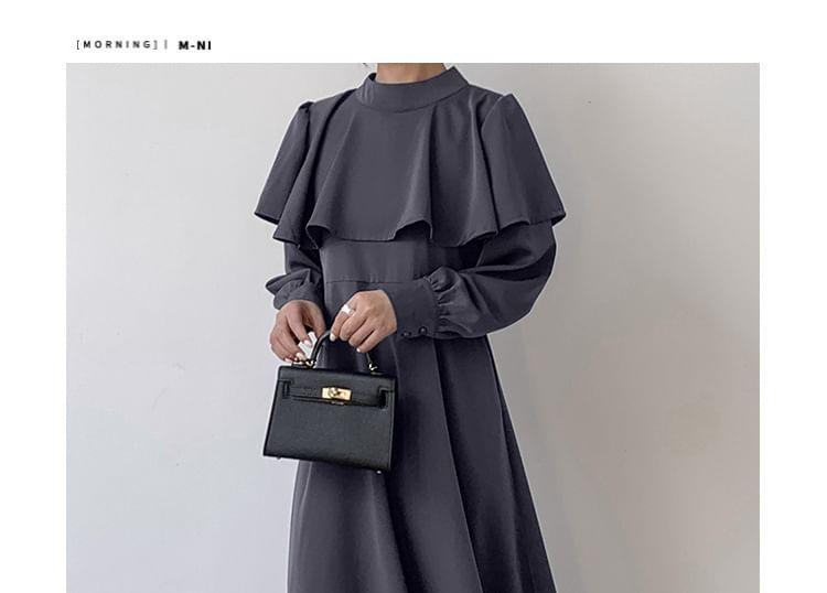 Puff-Sleeve Mock Neck Plain Maxi A-Line Dress Product Image