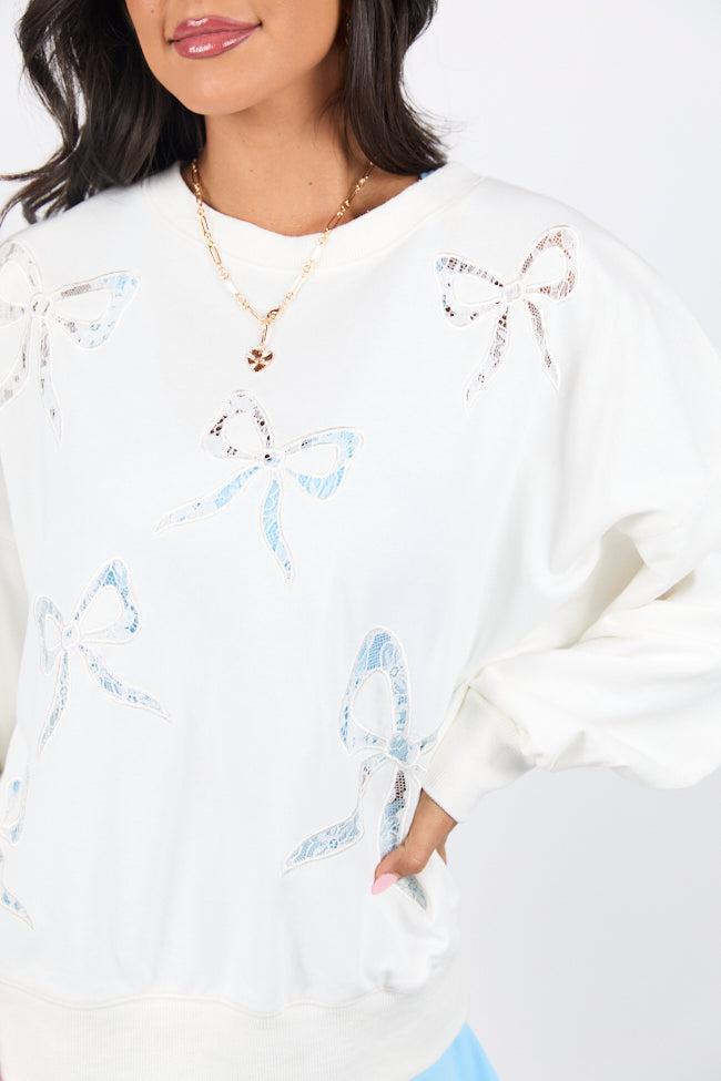 It's Forever Off White Bow Embroidered Lace Sweatshirt Product Image