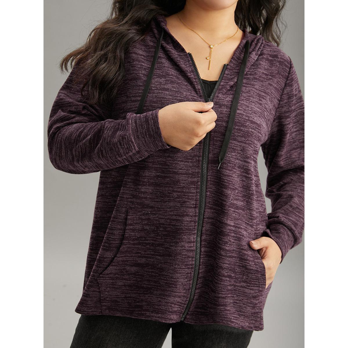 Plus Size Solid Heather Pocket Hooded Zipper Sweatshirt Women Purple Casual Heather Hooded Dailywear Sweatshirts BloomChic 12/L Product Image