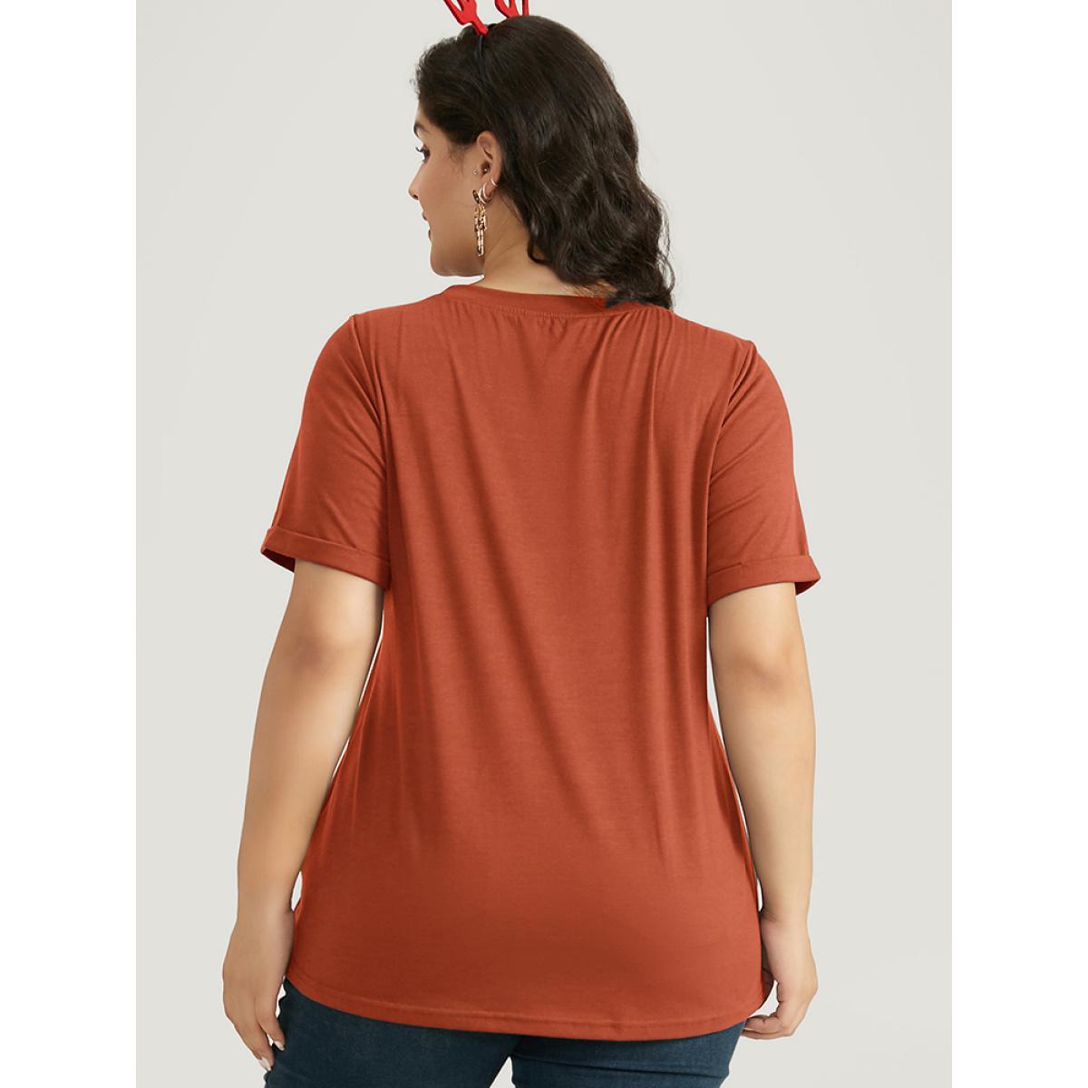 Plus Size Halloween Graphic Cuffed Sleeve T-shirt Chocolate Women Casual Printed Halloween Festival-Halloween T-shirts BloomChic 14-16/1X Product Image