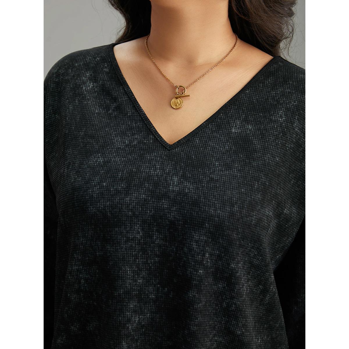 Plus Size Colorblock Waffle Knit Patchwork T-shirt DimGray Women Casual Waffle Knit Patchwork Round Neck Dailywear T-shirts BloomChic 28/5X Product Image