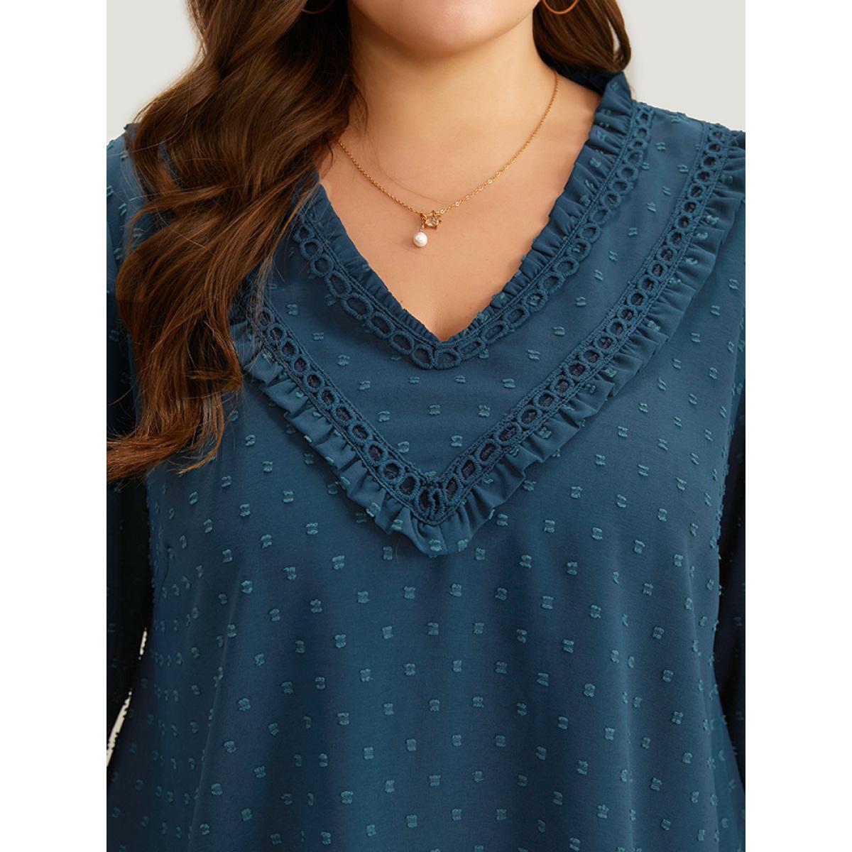 Plus Size Indigo Polka Dot Frill Trim Lantern Sleeve Blouse Women Elegant Elbow-length sleeve V-neck Dailywear Blouses BloomChic 30/6X Product Image