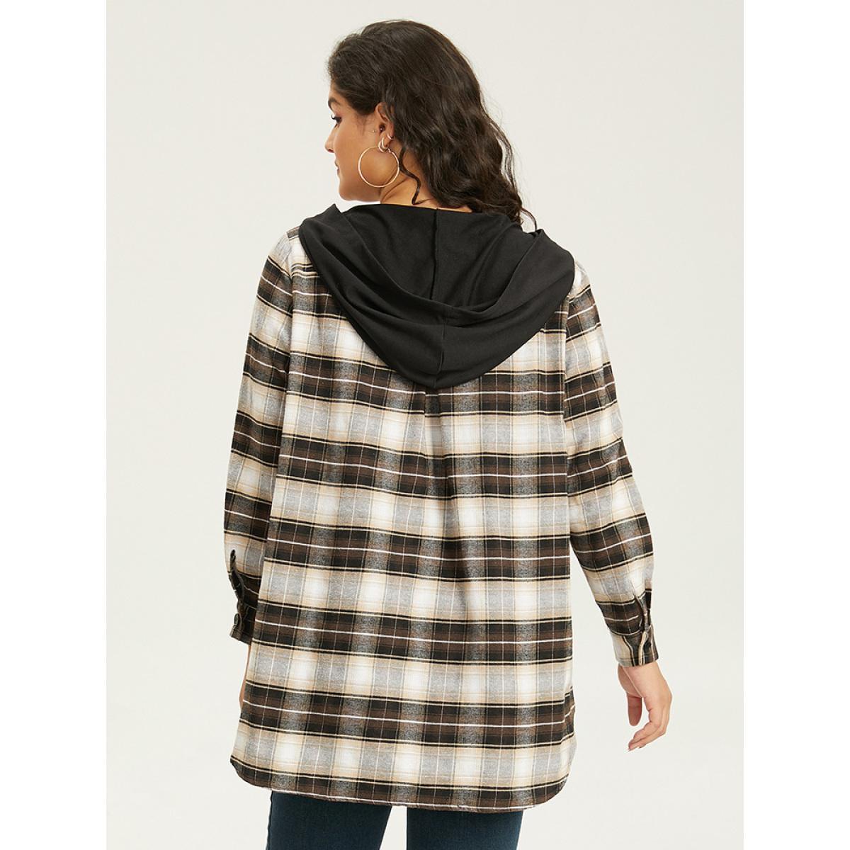 Plus Size Plaid Button Up Hooded Patchwork Shacket Women DarkBrown Contrast Pocket Everyday Jackets BloomChic 12/L Product Image