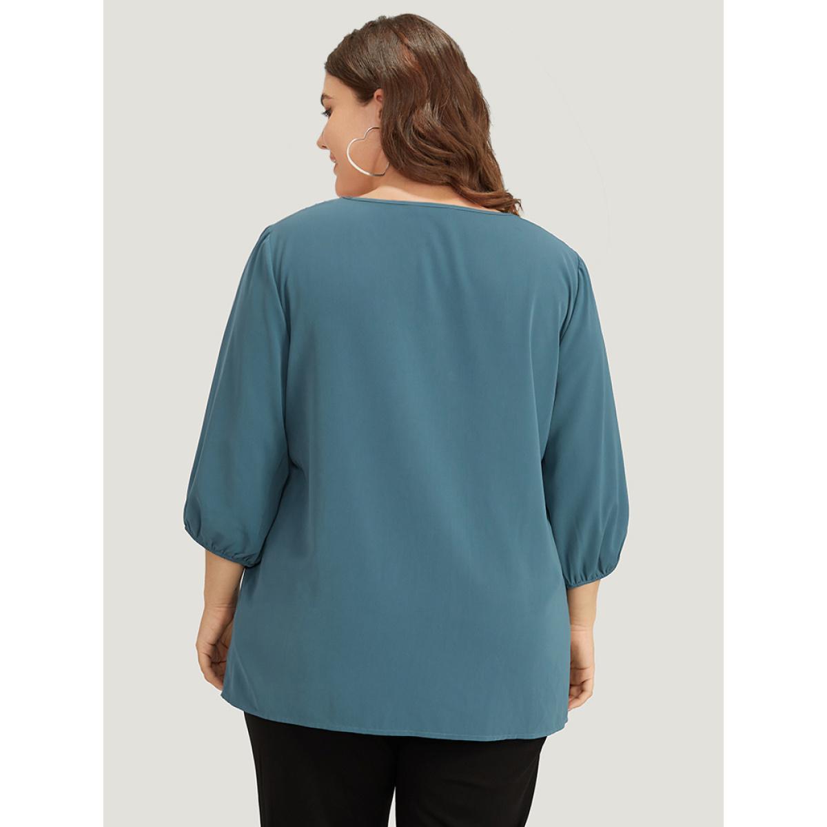 Plus Size Aegean Plain Pleated Detail Elastic Cuffs V Neck Blouse Women Office Elbow-length sleeve V-neck Work Blouses BloomChic 12/L Product Image