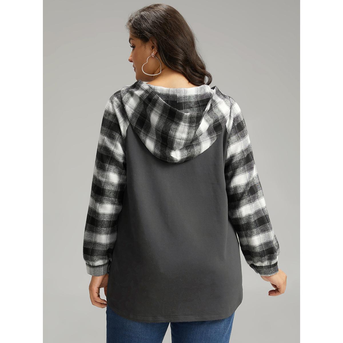 Plus Size Plaid Print Hooded Patchwork Sweatshirt Women Gray Casual Patchwork Hooded Everyday Sweatshirts BloomChic 18-20/2X Product Image