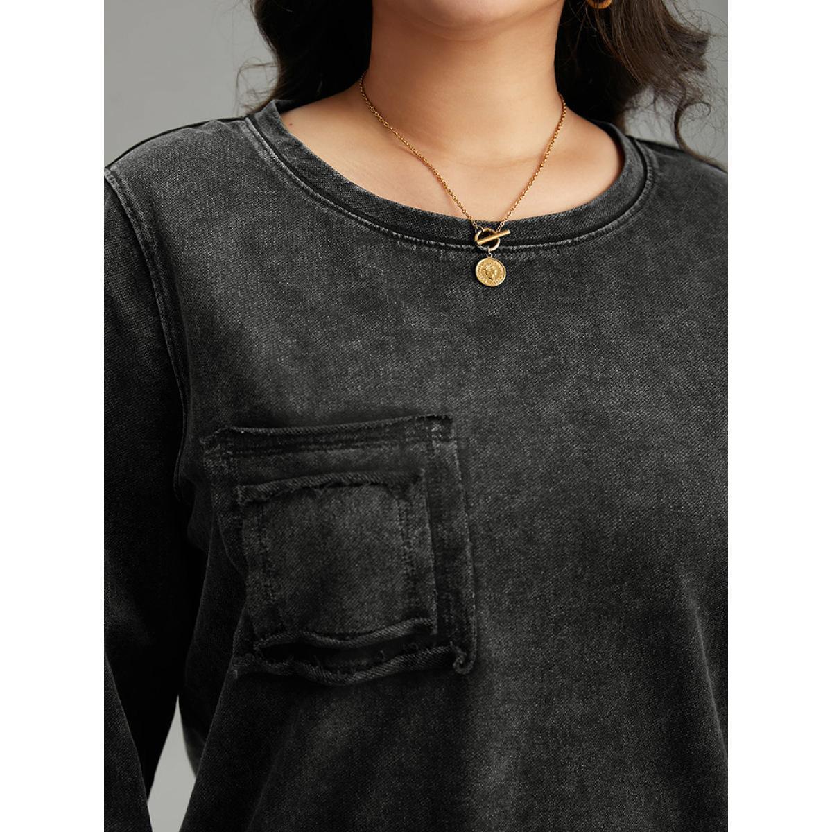 Plus Size Vintage Patched Pocket Round Neck Sweatshirt Women DimGray Casual Plain Round Neck Everyday Sweatshirts BloomChic 28/5X Product Image