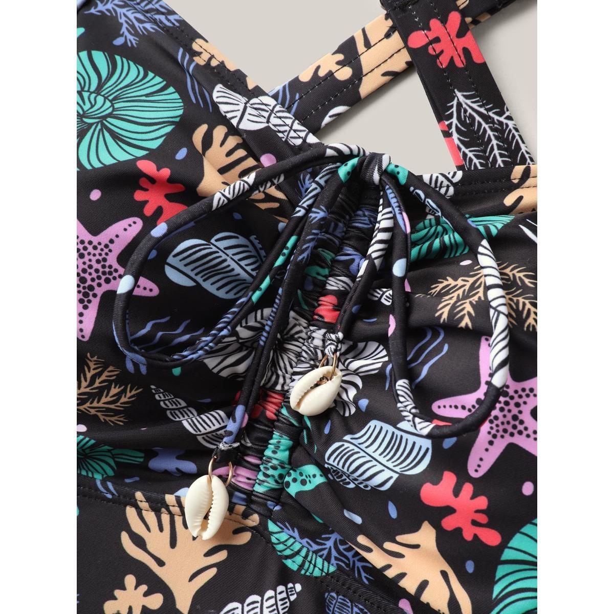 Plus Size Bust-Friendly Ties Shell Print Swim Top Women's Swimwear Multicolor Beach Drawstring High stretch Skinny Heart neckline Curve Swim Tops BloomChic 30/6X Product Image
