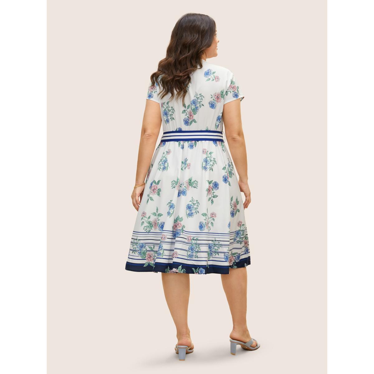 Plus Size Floral Patchwork Striped Wrap Cap Sleeve Dress Mediumblue Women Elegant Belted V-neck Cap Sleeve Curvy BloomChic 28/5X Product Image
