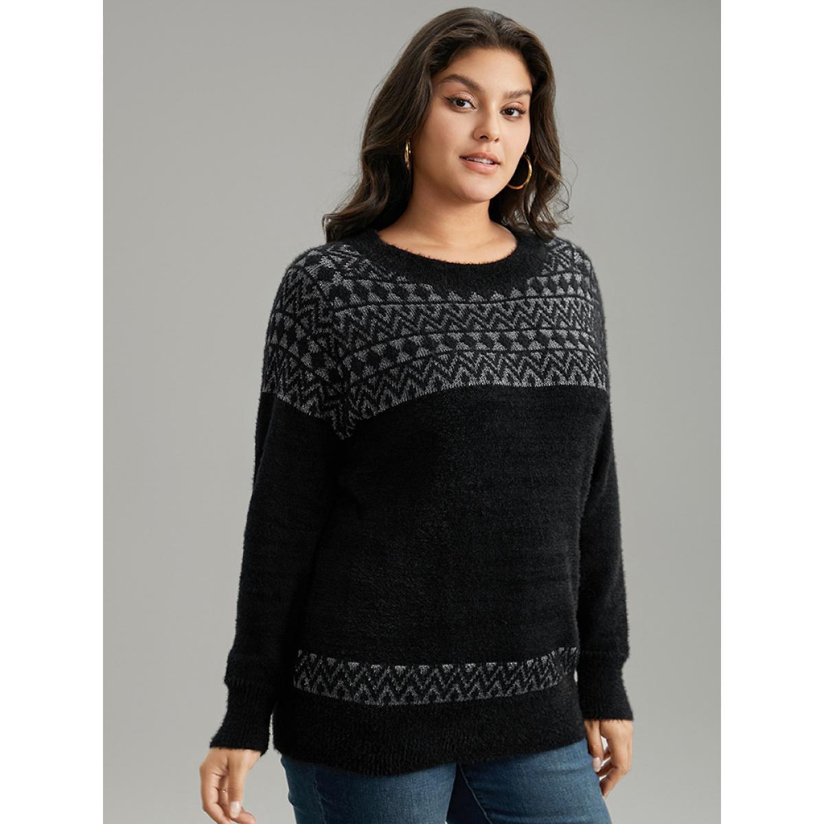 Plus Size Bandana Print Fuzzy Sparkly Pullover Black Women Casual Loose Long Sleeve Round Neck Dailywear Pullovers BloomChic 12/L Product Image
