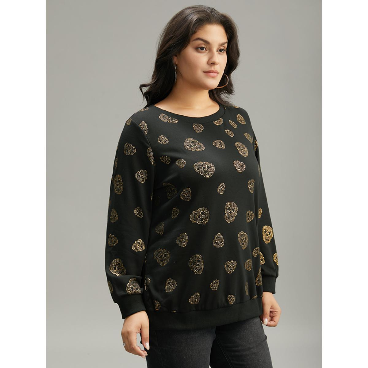 Plus Size Halloween Glitter Skull Print Crew Neck Sweatshirt Women Black Casual Elastic cuffs Round Neck Festival-Halloween Sweatshirts BloomChic 18-20/2X Product Image
