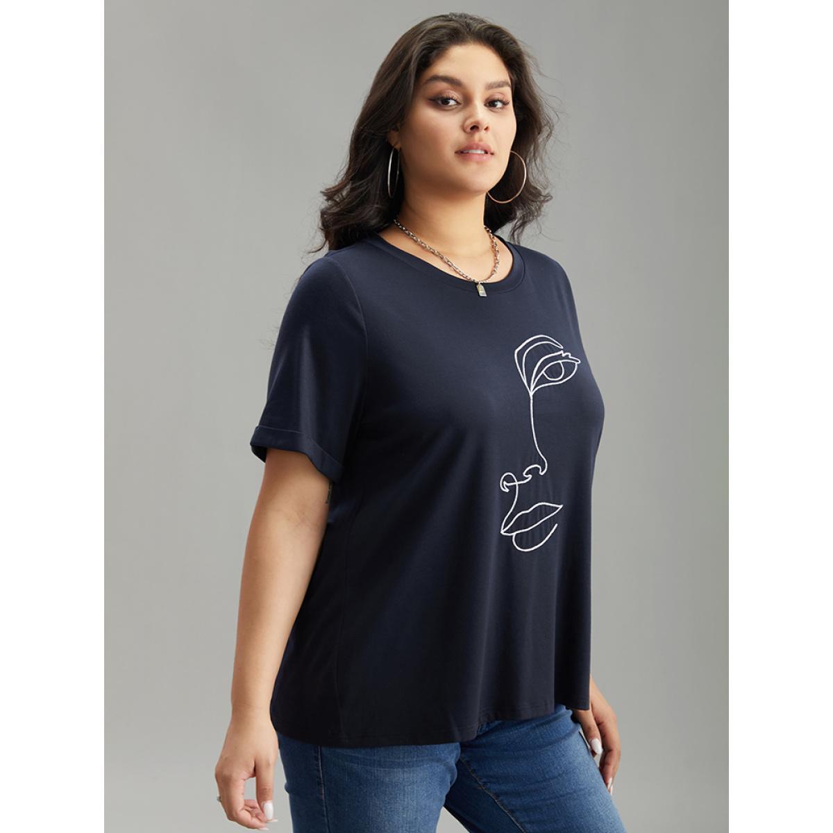 Plus Size Art & Design Embroidered Crew Neck T-shirt Indigo Women Casual Printed Art&design Dailywear T-shirts BloomChic 28/5X Product Image