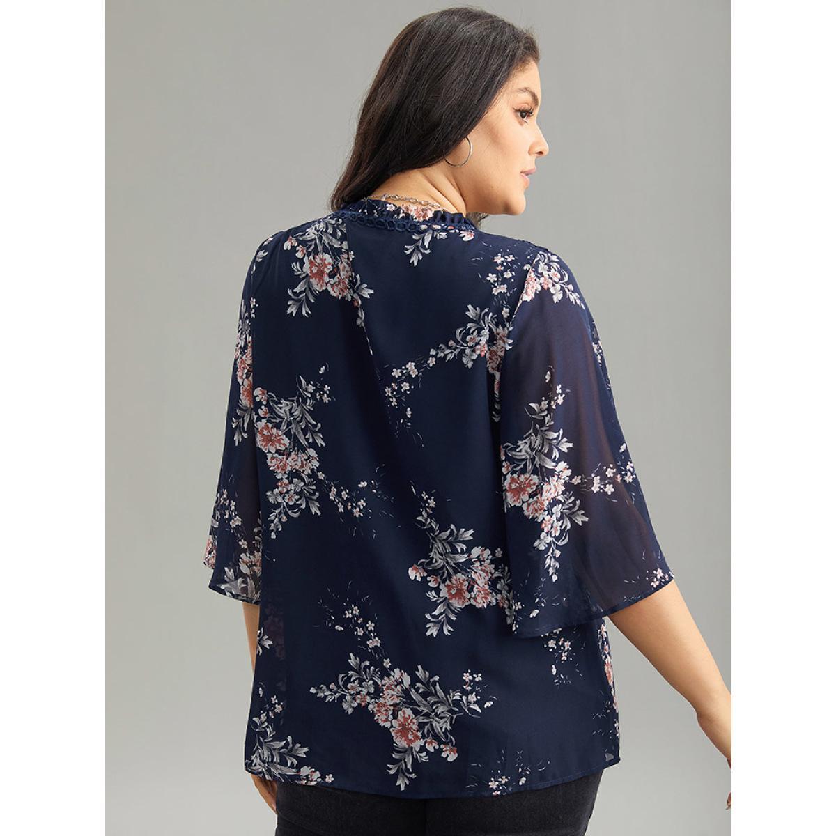 Plus Size Indigo Chiffon Floral Print Frill Trim Ruffle Blouse Women Elegant Half Sleeve V-neck Dailywear Blouses BloomChic 22-24/3X Product Image