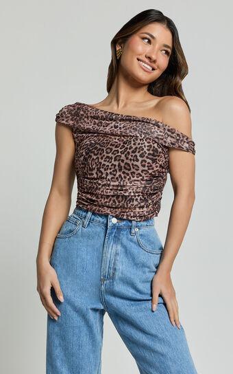 Vilma Top - Off Shoulder Gathered Mesh Top in Leopard Print Product Image