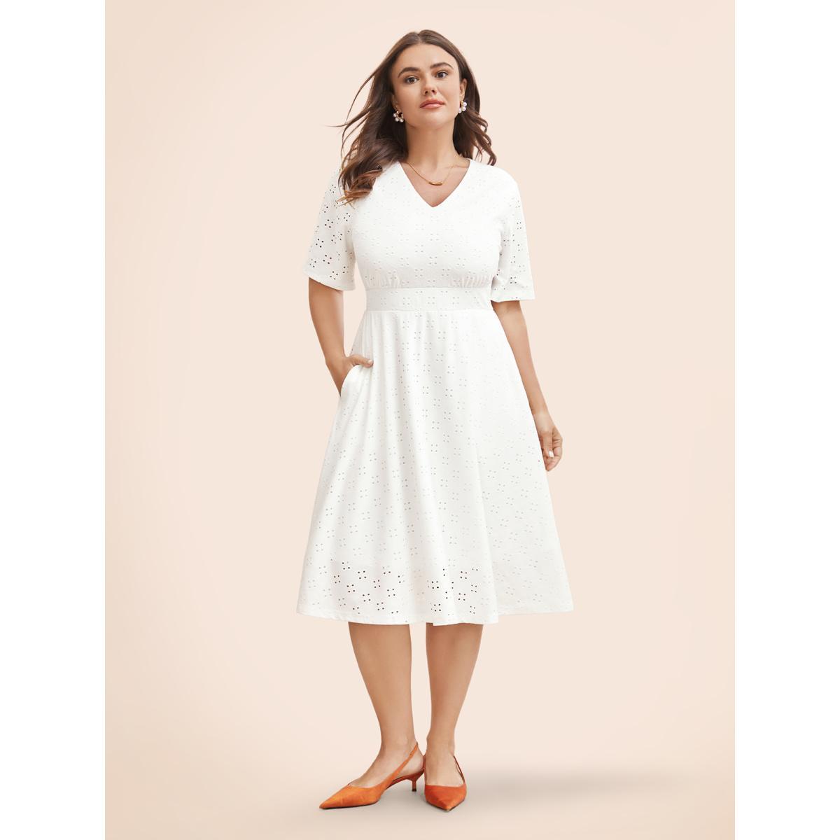 Plus Size Solid Pocket Laser Cut Surplice Neck Knee Dress Ivory Women Elegant Pocket V-neck Short sleeve Curvy Knee Dress BloomChic 14-16/1X Product Image