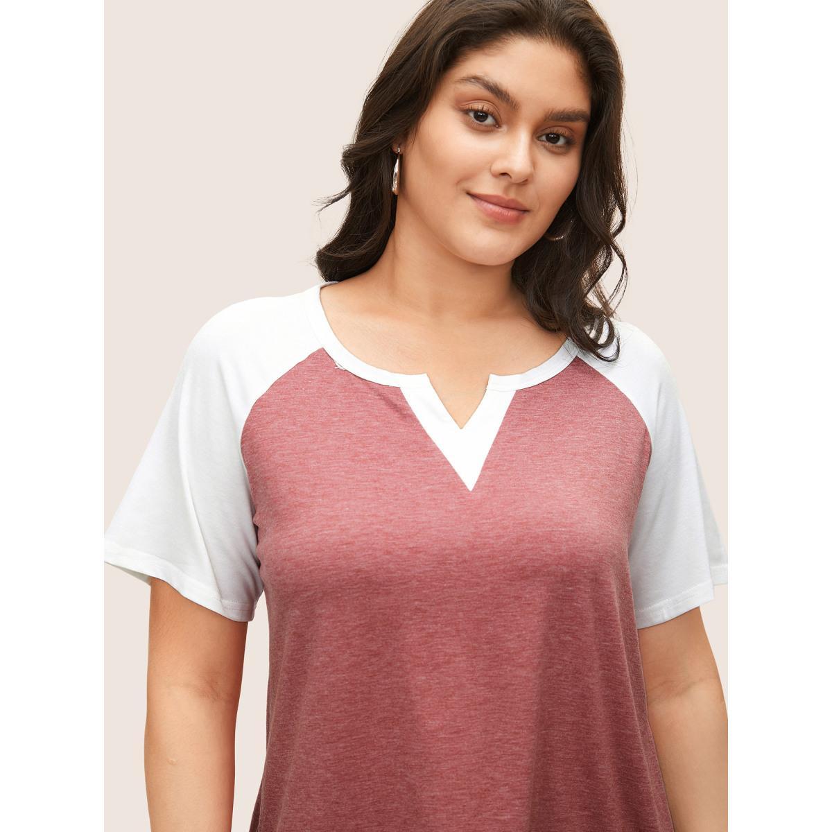 Plus Size Colorblock Contrast Notched Raglan Sleeve T-shirt Russet Women Casual Plain Everyday T-shirts BloomChic 30/6X Product Image