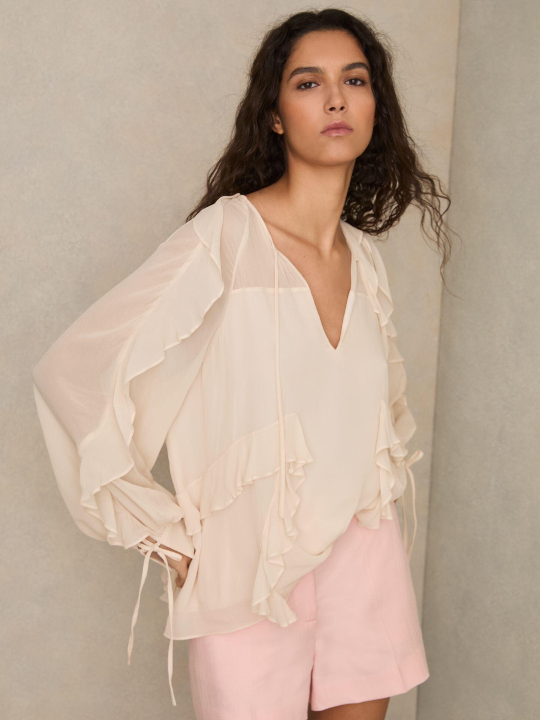 Ruffle Trim Tie Neck Top in Pale Pink Product Image
